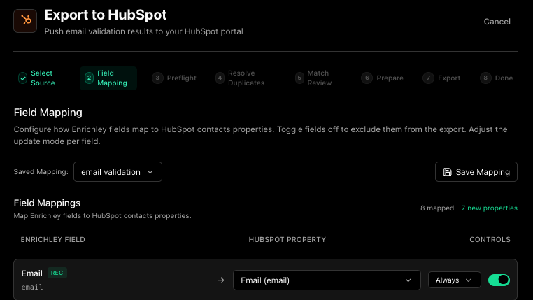 Field-mapping editor pushing Enrichley email validation status into matching HubSpot contact properties.